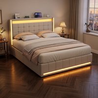 4ft6 Double Bed Frame Upholstered Platform Bed with 4 Storage Drawers & LED Storage Headboard, Linen Beige Functional Beds with LED Lighting & Charging Station,Metal-Wood Support, 3ft/4ft6/5ft bed image 4