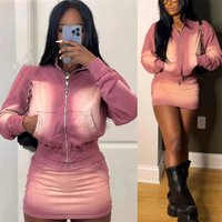 FAGADOER Pink Tie Dye Print Two Piece Sets Women Outfits Fashion Zip Pocket Long Sleeve Crop Top And High Waist Skirts Clothing