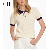 CH Solid Color Embroidered Knit Polo Shirt Women Elegant Short Sleeve Ribbed Trim Office Casual Tops