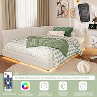 Upholstered bed, 4ft6 double bed 135×190cm, With LED light strip and USB charging, Slatted bed frame, Teddy bear plush, White