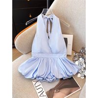 Women's Summer V-Neck Halter Top With Build-in Bra Waist-Cinching Open Back Blossom Hem Cami Girls Padded Tanks