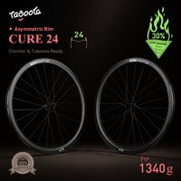 Zestaw kół szosowych Tagoola Cure 24 Carbon 700C z hamulcami tarczowymi, szerokość 24 mm, szprychy CN 424, mechanizm zapadkowy 36T, waga 1380 g, bezdętkowe, możliwość personalizacji.
