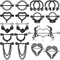 1 Pair Stainless Steel Punk Nipple Piercing for Women 14G Black Rose Flower Heart Nippie Ring Sexy Body Piercing Jewelry