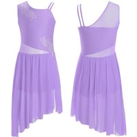 Lyrical Dance Figure Skating Dress for Girls Leotard Ballet Dancewear Sleeveless Rhinestones Flower Side Slit Mesh Skating Dress