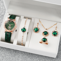 6PCS/Set Fashion Rhinestone Green Women's Watch Leather Band Analog Quartz Watches Jewelry Set(Without Box)
