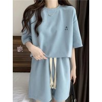 Ladies Summer Thin Loose Large Size Short Sleeve Shorts Solid Color Casual All-match Sports Style Two-piece Set