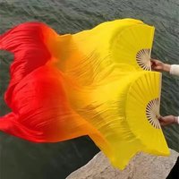 2Pcs (Left + Right) Women Elegant Artificial Silk 1.8M Belly Dance Fan Veils Bamboo Long Fans Yellow Orange Red Gradient Color