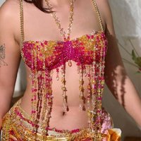 Handmade Y2K Bikini Bra Tassel Layered Rhinestone Bralette for Music Beach Festival Party Outfit Body Chain Crystal Beaded Top