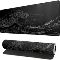 Japanese Sea Wave Large Mouse Pad, Anime Black Gaming, Extended Mat Desk Pad, 3mm Thick Long Non-Slip Rubber Base Mice Pad