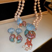 Minar Hyperbole Multicolor Rhinestones Shell Star Fan Shaped Long Drop Earrings for Women Simulated Pearl Party Beach Jewelry