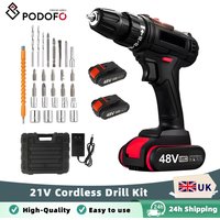 Podofo Cordless Impact Drill Kit Electric Screwdriver 25+1 Torque Adjustment With 2 Batteries For Household and DIY