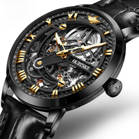 OUPINKE 3173 Original Leather Strap Automatic Hollow Mechanical Wristwatch for Men Chronograph Luxury Top Brand Men's Watches