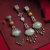 Original 925 Silver Button Pendant Retro Tassel Long Chinese Style Chi-pao Natural Hetian Green Jade Hanfu Accessories Jewelry