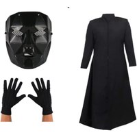 Calamari Game Fancy Dress Deluxe Front Costume - Black Duster Jacket, Boss Mask, Black Gloves - Halloween or Tv Cosplay