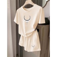 Spring and Summer Crescent Moon Totem Print Set, Trendy and Cool Short-Sleeved T-Shirt and Shorts, Casual Sports Two-Piece Set