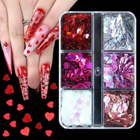 6 Grids Mixed Sweet Love Heart Holographic Nail Art Glitter Sequins 3D Laser Nails Decorations Flakes Paillette Valentine's Day