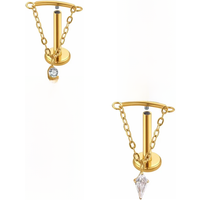 ASTM F136 Titanium Drop Pendant CZ Stud Earring with Dangle Chain Helix Cartilage Tragus Lip Flat Back Piercing 16G