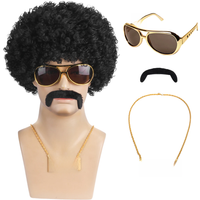 African men's synthetic wig 4-piece set {wig+glasses+DISCO necklace+beard} 70s 80s disco costume wig men's natural fluffy short
