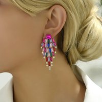 Colorful Crystal Leaf Shaped Long Drop Earrings For Women Fashion Party Elegant Jewelry Luxury Design Ear Accessories Girl Gift