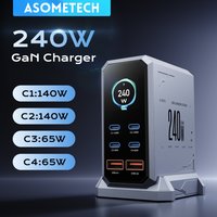 Stacja ładowania ASOMETECH 240W GaN 140W PD3.1 PPS USB Type C z wyświetlaczem cyfrowym, szybka ładowarka do iPhone 17 16 15 Pro Max, MacBook, iPad, laptopów Samsung