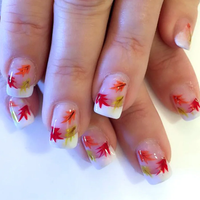 24Pcs Fashion French Fake Nail with Maple Leaves Design Autumn Short Square False Nails Press on Wearable Full Cover Nail Tips