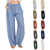 Women's Cotton Linen Pants Casual Loose Solid Elastic Waist Pocket Straight Trousers Ladies Oversize Wide Leg Pant Streetwear