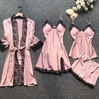 4PCS Women's Sleep Robe Gown Sets Sleepwear Pajamas Set Lounge Silk Women Nightdress Lace Dress Sleep Nightwear Silk Pijama Sets