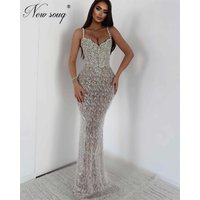 Customized Silver Beading Party Dresses For Weddings Robes De Soiree Spaghetti Straps Mermaid Prom Gowns Crystals Evening Dress