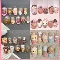 Kawaii 3D Anime Hello Kitty Teddy Bear Handmade Press On Nails Cute Dessert Bread Animals Short Square Round Detachable Nails