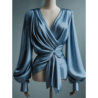 Women's Elegant Satin Solid Wrap V Neck Lantern Sleeve Top, Fashion Office Daily Casual Versatile Blouse