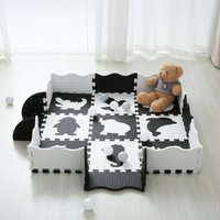 25Pcs/set Square Interlocking Puzzle Floor Mat Black and White Animals Foam Play Mat with Fence for Kids