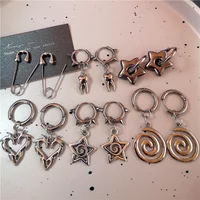 Y2K Punk Safety Pin Tooth Star Heart Spiral Charm Hoop Earrings Set Silver Tone Earrings for Women E-girl Grunge Aesthetic