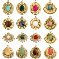 3pcs/Lot Antique Geometric Fan Natural Stone Stainless Steel Diy Charms Women Red Agate Necklace Pendant Malachite Jewelry