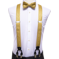 Hi-Tie Jacquard Woven Silk Gold Mens Suspender Braces Bow Tie Hanky Cufflinks Set For Men Adjustable Elastic Galluses for Men