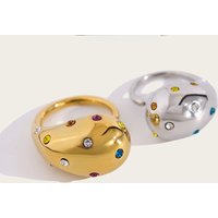 YACHAN 18K Gold Plated Glossy Chunky Stainless Steel Rings for Women Chic Colorful Crystal Statement Jewelry