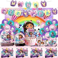 Hot Gabby Dollhouse Birthday Party cutlery plate Disposable Banner Cake Topper Hanging Flag Gabby Balloons Birthday Decorations