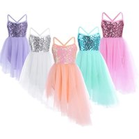 Kids Girls Sequins Ballet Tutu Dress Gymnastics Leotard Dress Sleeveless Tulle Dress Children Contemporary Lyrical Dance Costume