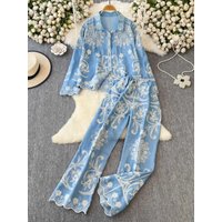 Summer High Street Embroidered Women Pants Set Long Sleeved Shirt Wide Leg Trousers American Fashion Casual Two-piece Set