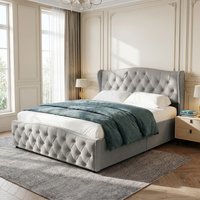 Gray Double Ottoman Bed Frame 4FT6, Velvet Upholstered Storage Bed 135 x 190 cm with Hydraulic Lift Up Base, Button Tufted Headboard, Nailhead Trim, Wooden Slats for Bedroom