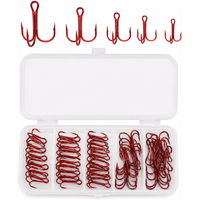 50Pcs Red Treble Hooks Set with Storage Box, 5 Sizes 2# 4# 6 8 10, Fishing Hooks Assortment for Lures and Tackle Replacement Kit