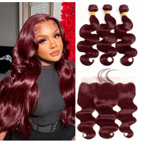Red Color 99j Body Wave Bundles with Frontal #99j Burgundy Human Hair Bundles Brazilian Remy Hair 3 Bundles and Frontal For Wigs