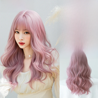 7JHH WIGS Costume Wig Synthetic Body Wave Purple Pink Wig for Women Daily Loose Wavy Hair Wigs with Neat Bangs Beginner Friendly