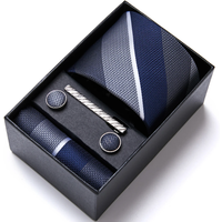 Brand Wholesale Tie Pocket Squares Cufflink Set Necktie Blue Striped Man Wedding Accessories Fit Workplace Holiday Gift Box