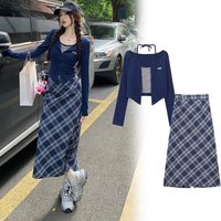 Spring and Autumn Korean New Fashion Academy Style Versatile Slim Fit Top Plaid+Half Skirt Two Piece Set