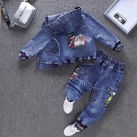 Children Spring Autumn Boy Girl 2PCS Clothing Set Cotton Hoodied Denim Coat +Solid Jeans Pants Baby Boys Outfits