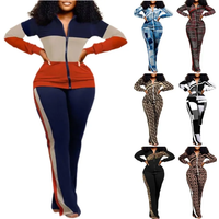 2023 Women Print Zipper Stand Collar Sheath Tops Two Piece Sets Full Sleeve Casual Long Straight Pants Set Autumn Winter