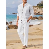 Men's Fashionable Cotton Linen Shirt Set with Cuban Pocket Long Sleeve Casual Two-Piece Suit Spring Autumn 100% Natural Fiber