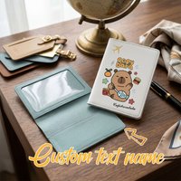 Custom capybara passport cover with personalized name/text in pastel or black, stores passport & ID, perfect travel gift for all
