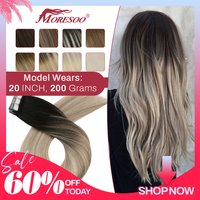 Moresoo Tape in Human Hair Extensions 100% Real Hair Remy Brazilian Hair 14-24inch Straight Natural Adhesives Tape in Extensions