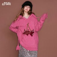ELFSACK Women's Hooded Cherry Print Pullover Sweater Punk Sweet Oversized Knit Pullover Autumn Winter Knit